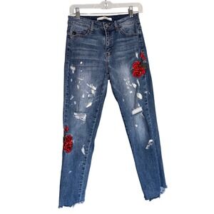 KanCan High Rise Size 7 Embellished Rose Cropped Distressed Denim‎ Jeans Hippie
